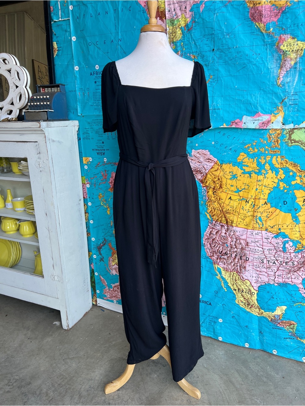 PAIGE Black Square-Neck Short Sleeve Jumpsuit with Tie Waist